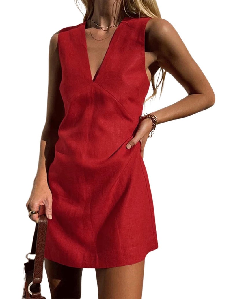 CHARTOU Women's Summer Sleeveless Mini Dress Cotton Linen V Neck Cinched A Line Slim Tank Short Dress (Large, Red) - Image 1