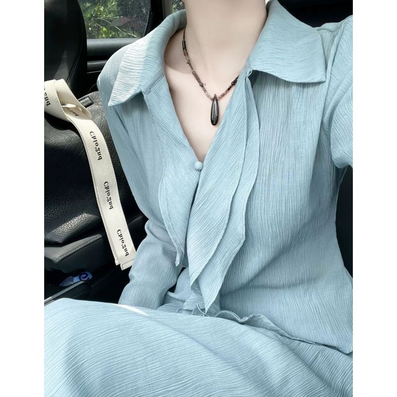 French Retro Ruffled Shirt Half-length Skirt 2024 Spring suit Elegant Fashion Two-piece Set for Women Aqua top
