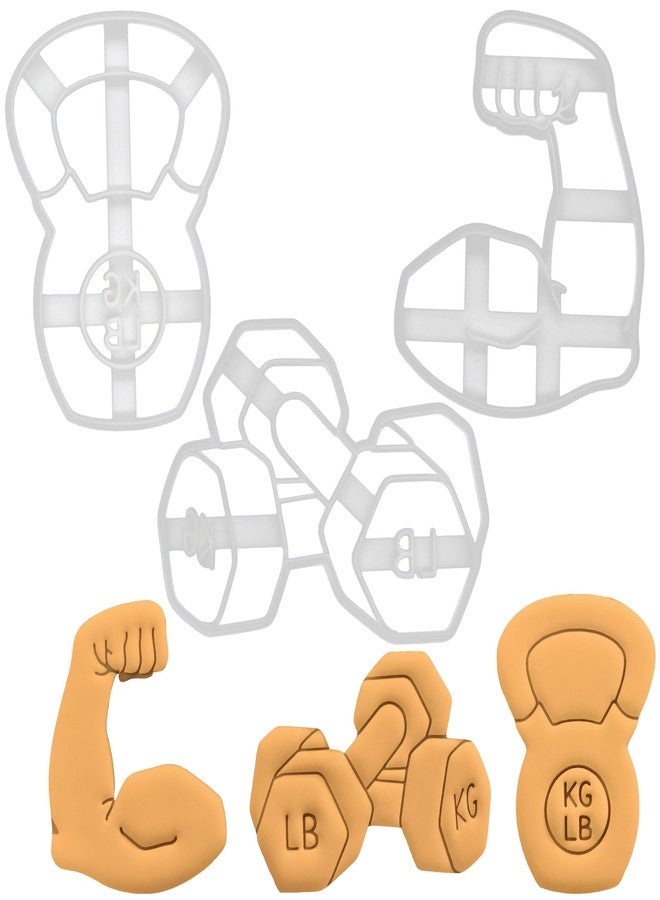 Bakerlogy Set of 3 Weight Training cookie cutters (Kettlebell, Dumbbells, Flexed Bicep), 3 pieces - Bakerlogy - Image 1