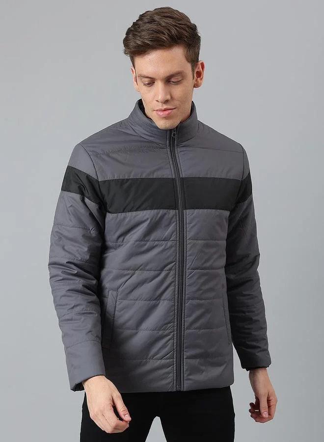 Dennis Lingo Dark Grey Regular Fit Men's Striped Mock Neck Polyester Jacket with Zipper Closure