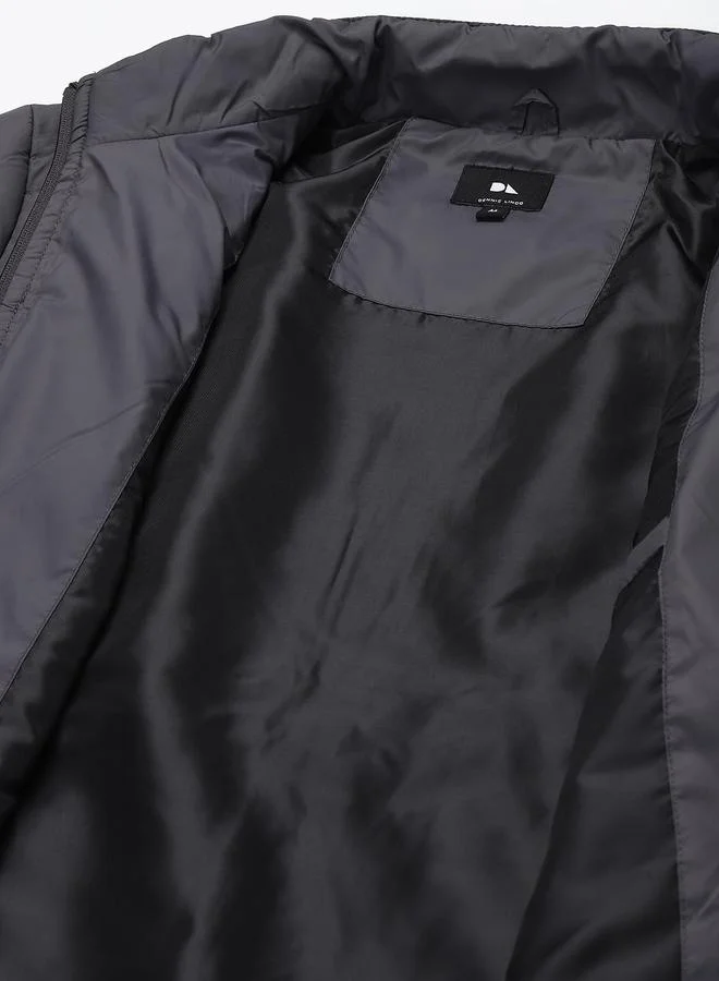 Dennis Lingo Dark Grey Regular Fit Men's Striped Mock Neck Polyester Jacket with Zipper Closure