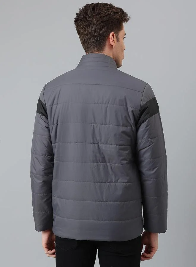 Dennis Lingo Dark Grey Regular Fit Men's Striped Mock Neck Polyester Jacket with Zipper Closure