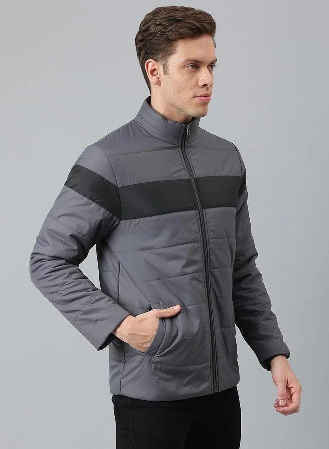 Dennis Lingo Dark Grey Regular Fit Men's Striped Mock Neck Polyester Jacket with Zipper Closure