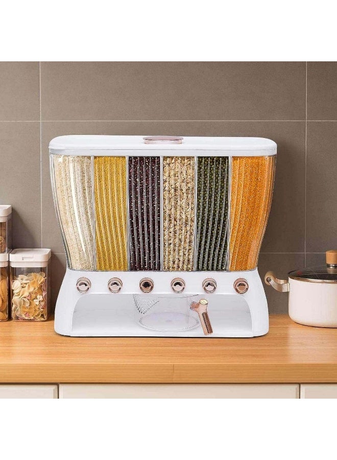 ديسبنسر بقوليات أكريليك 6 خانات مع دورق معيار – منظم أنيق للمطبخ لتخزين الحبوب والبقوليات R - Image 1