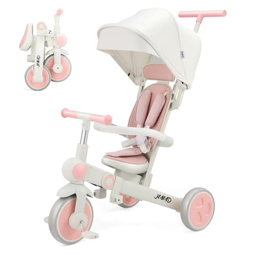 JMMD Baby Tricycle 7in1 Foldable Kids Trike with Adjustable Parent Handle Safety Harness Wheel Brakes Removable Canopy Stroll Trike for Boys Girls Ages 18 Months5 Years Pink - Image 1