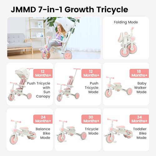 JMMD Baby Tricycle 7in1 Foldable Kids Trike with Adjustable Parent Handle Safety Harness Wheel Brakes Removable Canopy Stroll Trike for Boys Girls Ages 18 Months5 Years Pink - Image 5