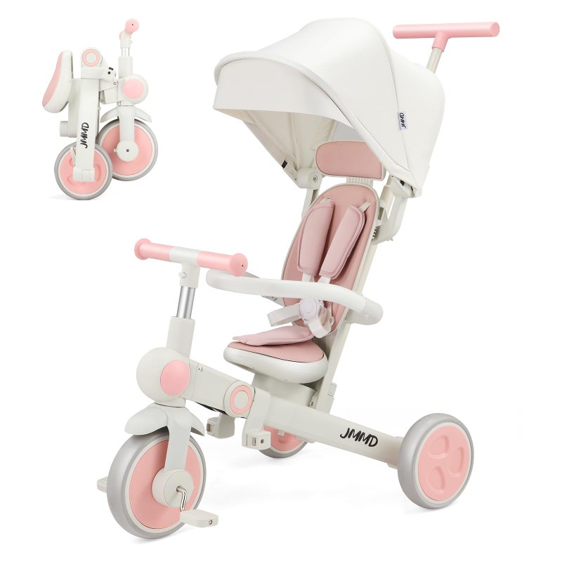 JMMD Baby Tricycle 7in1 Foldable Kids Trike with Adjustable Parent Handle Safety Harness Wheel Brakes Removable Canopy Stroll Trike for Boys Girls Ages 18 Months5 Years Pink - Image 2