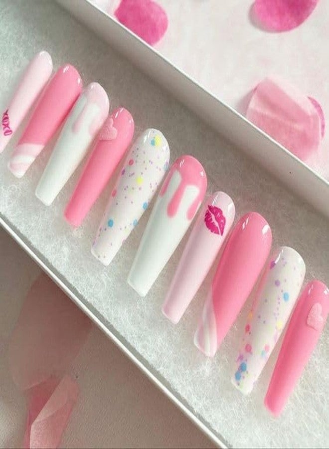 Dkriva Long Rainbow Glossy Press on Nails False Girl's Nails Lovely Gift for Women (Multi Design & Colour)(12 Pcs / 1 Box)(1 PACK) - Image 2