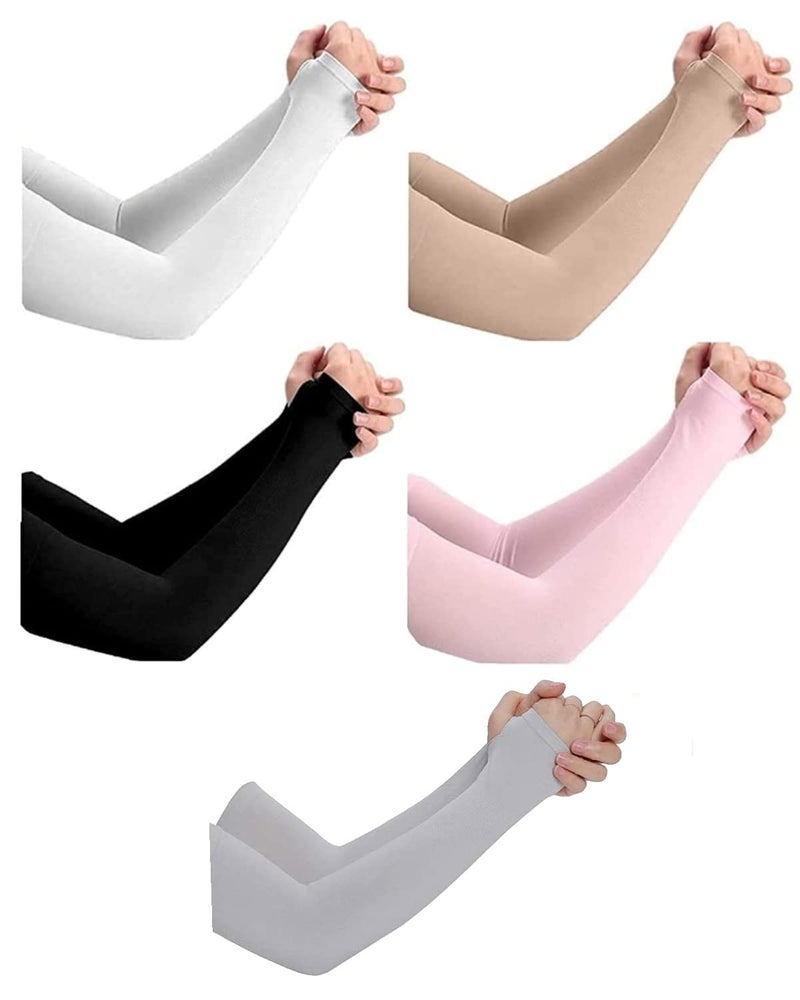NESVIB 5 Pairs Biker/Sports Full Arm Fingerless Sleeves Gloves for UV, Dust, Summer, Sun Protection for men, Girls and Women (Black, Beige, White, Grey & Pink) - Image 1