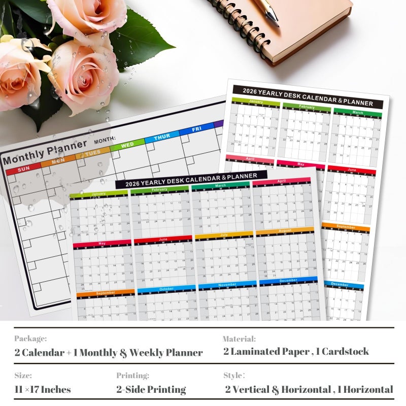 YvnShine 2026 Wall/Desk Calendar Set- 2-Pack 11x17 Inch Reversible (Vertical/Horizontal) Yearly Calendars (1 Thick Cardstock+1 Laminated) , Bonus 1-Pack Dry/Wet Erase Planner(Laminated) for Office, School, Home - Image 2
