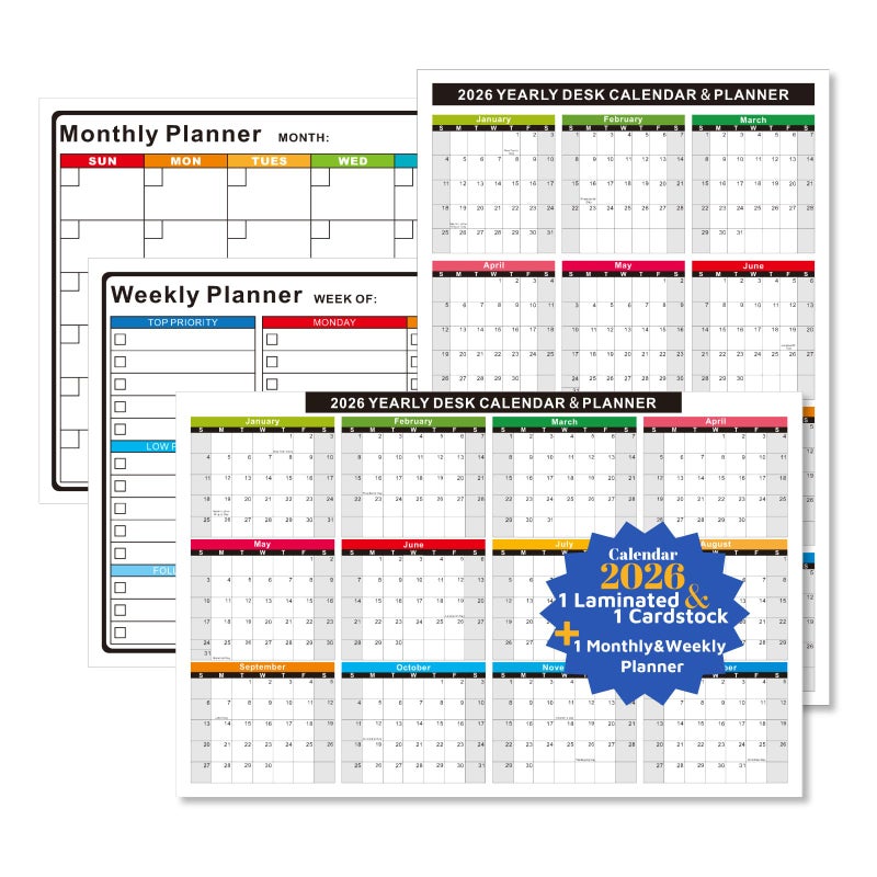 YvnShine 2026 Wall/Desk Calendar Set- 2-Pack 11x17 Inch Reversible (Vertical/Horizontal) Yearly Calendars (1 Thick Cardstock+1 Laminated) , Bonus 1-Pack Dry/Wet Erase Planner(Laminated) for Office, School, Home - Image 1