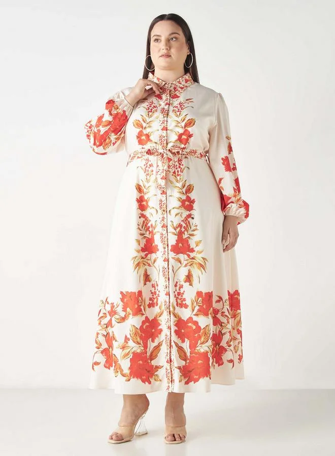 2Xtremz 2Xtremz All-Over Print Midi Shirt Dress with Belt Tie-Ups and Long Sleeves