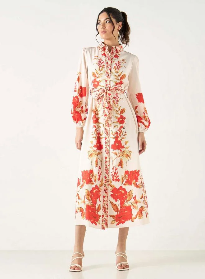 2Xtremz 2Xtremz All-Over Print Midi Shirt Dress with Belt Tie-Ups and Long Sleeves