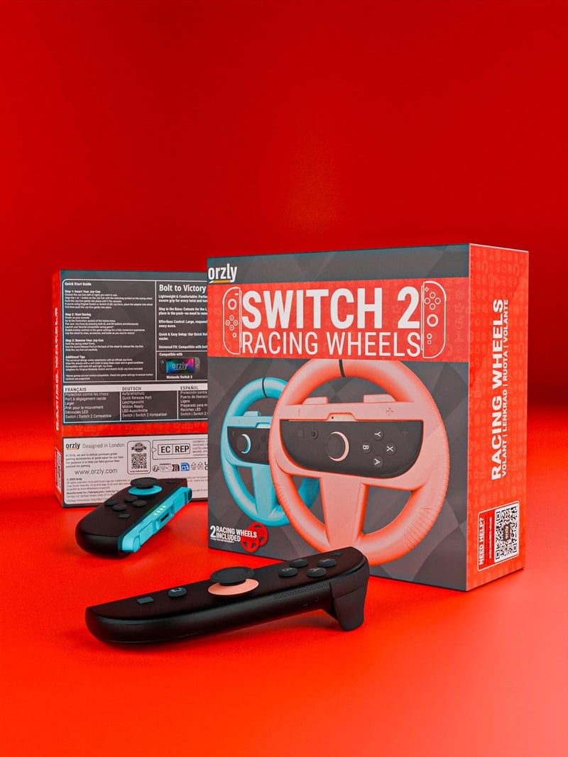 عجلات قيادة Orzly المتوافقة مع Switch 2 (كونسول 2025) – حزمة مزدوجة من إكسسوارات عجلة السباق لوحدات تحكم Joy Con وألعاب سباق الكارت (أحمر واحد، أزرق واحد) - Image 3