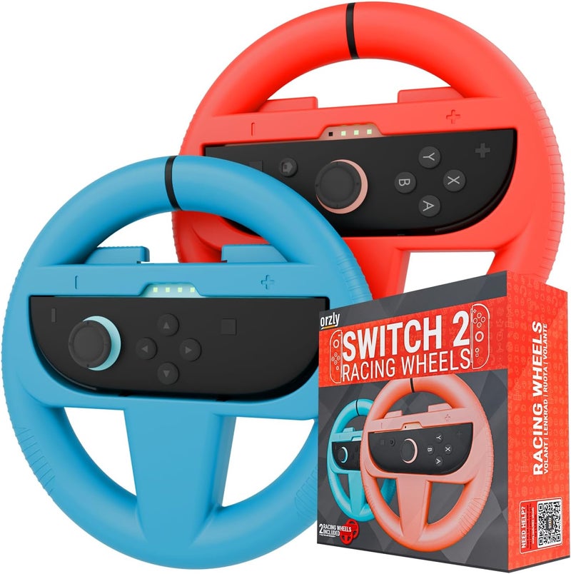 عجلات قيادة Orzly المتوافقة مع Switch 2 (كونسول 2025) – حزمة مزدوجة من إكسسوارات عجلة السباق لوحدات تحكم Joy Con وألعاب سباق الكارت (أحمر واحد، أزرق واحد) - Image 1
