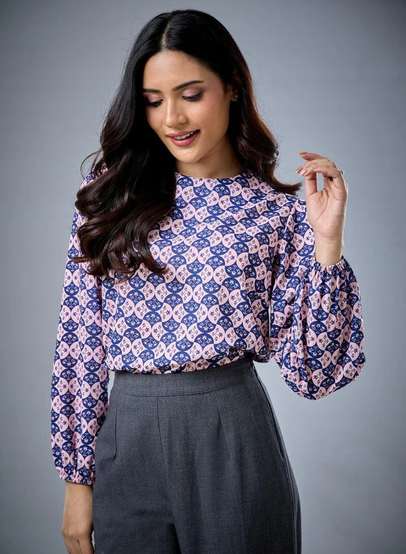 Zigzag Long Sleeve Round Neck Printed Top