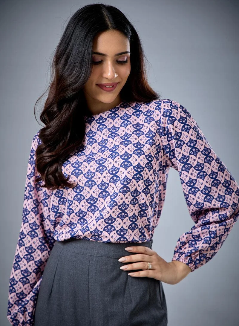 Zigzag Long Sleeve Round Neck Printed Top