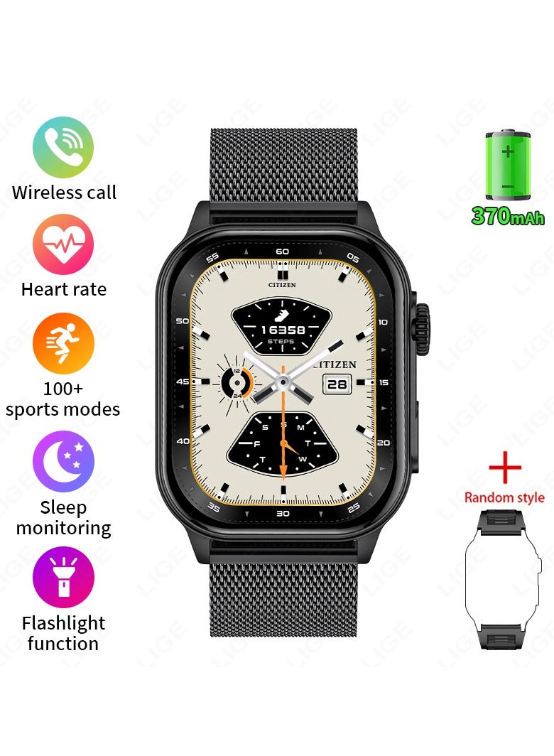 LIGE New Smart Watch for Men Outdoor Sports LED Flashlight 2.01" HD Large Screen with Big Battery Bluetooth Call AI Voice Waterproof Silicone & Mesh Double Black Strap - Image 1