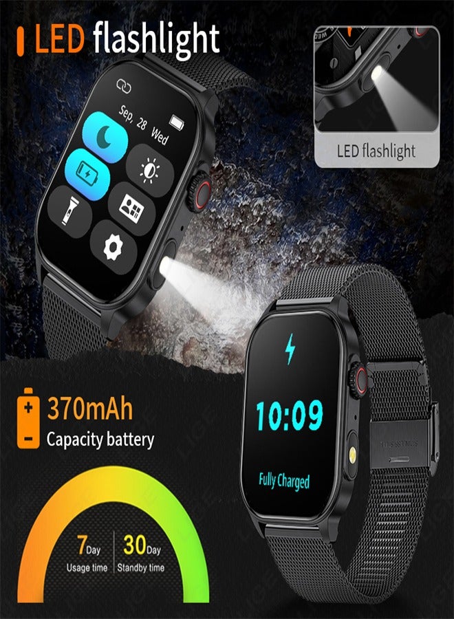 LIGE New Smart Watch for Men Outdoor Sports LED Flashlight 2.01" HD Large Screen with Big Battery Bluetooth Call AI Voice Waterproof Silicone & Mesh Double Black Strap - Image 5