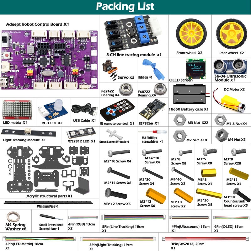Adeept Smart Car Kit(Compatible with Arduino IDE), Line Tracking, Obstacle Avoidance, OLED Display, Ultrasonic Sensor, IR Wireless Remote Control, DIY STEM Educational Robot Car Kit - Image 2