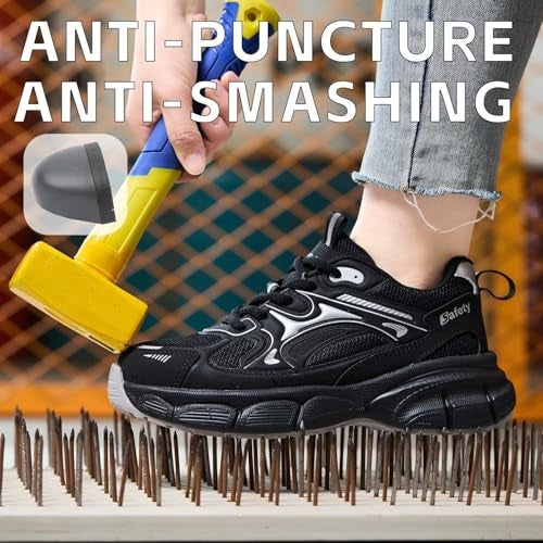 Ruivina Steel Toe Shoes for Women Safety Shoes Wide fit Indestructible Work Sneakers Men Lightweight Slip on Resistant Breathable Puncture Proof Composite Toe Shoe 8777 Black 39 - Image 4