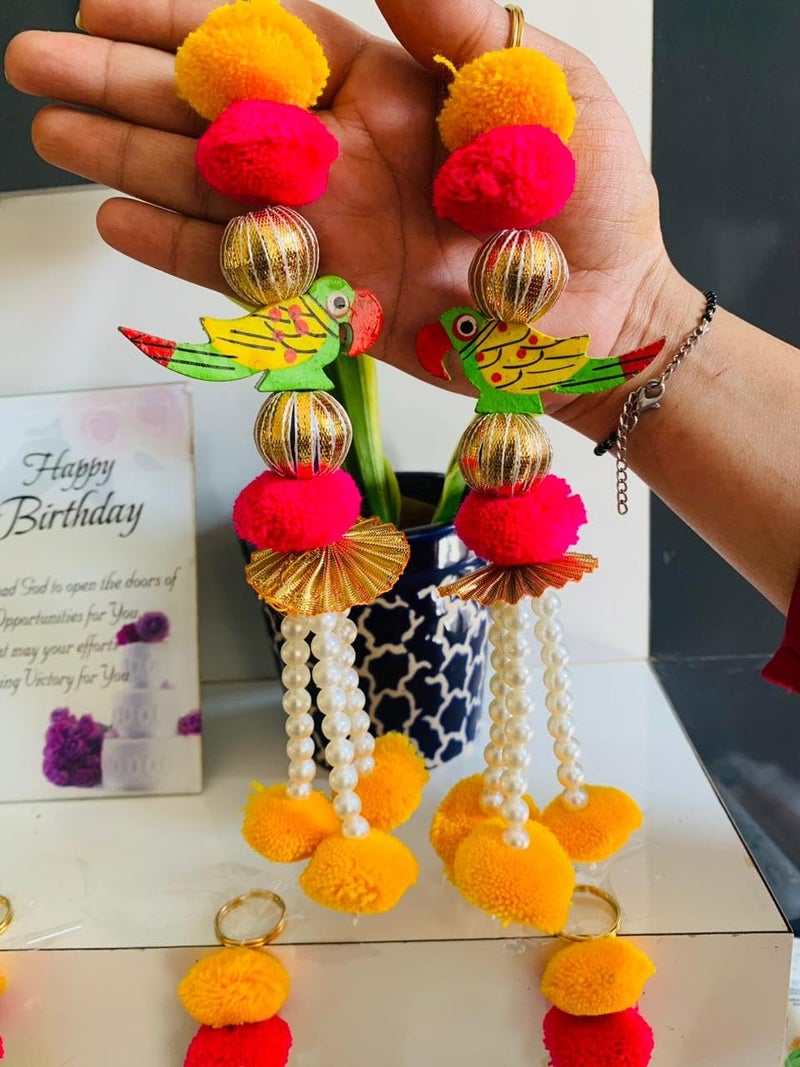 Craftomanic Pack of 10 Parrot Small String Hanging Handmade Traditional Thoranam for Pooja Room Mandhir Wall Hanging Decoration Items for Main Door Entrance Latkan Hight 9 inch - Image 2