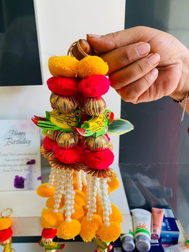 Craftomanic Pack of 10 Parrot Small String Hanging Handmade Traditional Thoranam for Pooja Room Mandhir Wall Hanging Decoration Items for Main Door Entrance Latkan Hight 9 inch - Image 1