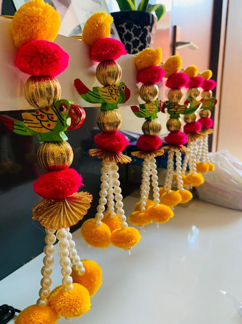 Craftomanic Pack of 10 Parrot Small String Hanging Handmade Traditional Thoranam for Pooja Room Mandhir Wall Hanging Decoration Items for Main Door Entrance Latkan Hight 9 inch - Image 3