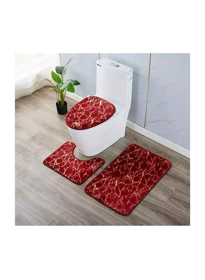 Spaceshoop Marble Texture Bathroom 3Piece Mat Sets Pedestal Mat Lid Toilet Cover Bath Mat Doormat Non Slip Rug Wine Red - Image 1