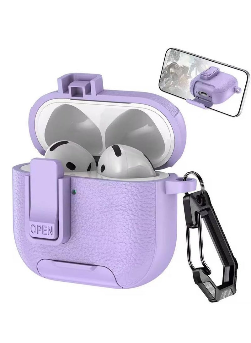 AirPods 4 Case with Phone Stand, Secure Lock Design Silicone Protection with Leather Texture for Airpod 4 (purple)  - Image 1