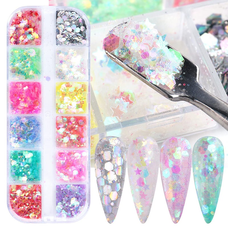 Iridescent Glitter Nail Art Sequins Holographic 3D Irregular UltraThin Nail Art Glitter Flakes Designs Shiny Mermaid Nail Glitter Slices Resin Acrylic Supplies for Women Girls Manicure Decorations