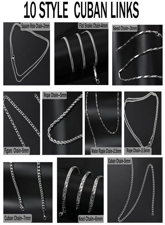 ELLEWIN 10 Pcs Chains for Men Silver Necklace Stackable Stainless Steel Chains Set Mens Jewelry Set Cross Cuban Link Figaro Chain - Image 5