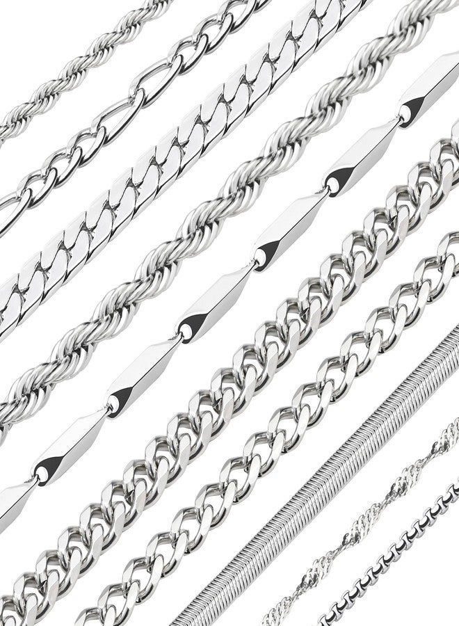 ELLEWIN 10 Pcs Chains for Men Silver Necklace Stackable Stainless Steel Chains Set Mens Jewelry Set Cross Cuban Link Figaro Chain - Image 1