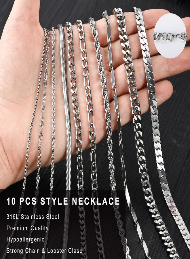 ELLEWIN 10 Pcs Chains for Men Silver Necklace Stackable Stainless Steel Chains Set Mens Jewelry Set Cross Cuban Link Figaro Chain - Image 4