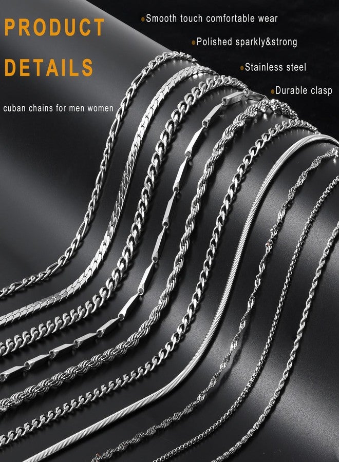 ELLEWIN 10 Pcs Chains for Men Silver Necklace Stackable Stainless Steel Chains Set Mens Jewelry Set Cross Cuban Link Figaro Chain - Image 3