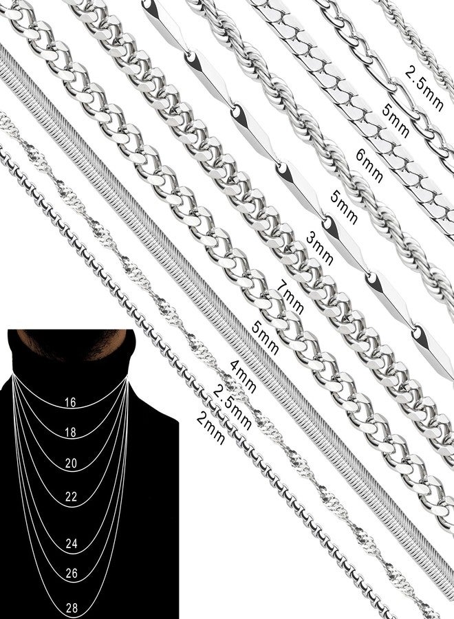 ELLEWIN 10 Pcs Chains for Men Silver Necklace Stackable Stainless Steel Chains Set Mens Jewelry Set Cross Cuban Link Figaro Chain - Image 2