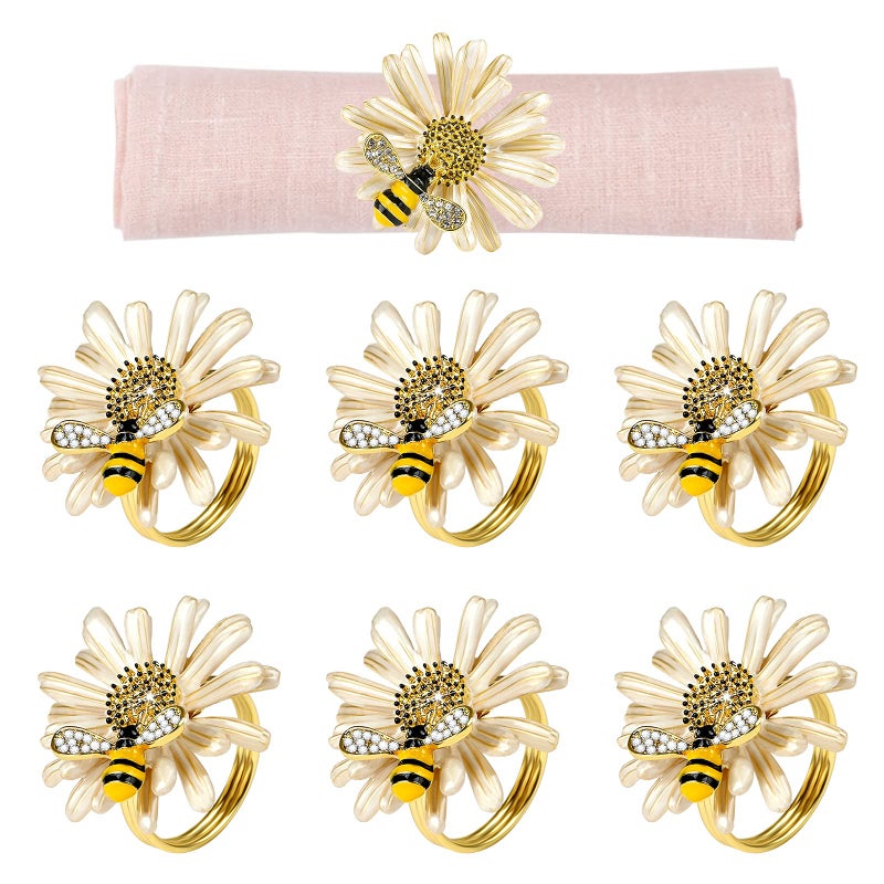 Kesote Daisy Sunflower Napkin Rings Set of 6  Gold Bee Napkin Ring Holders for Formal or Casual Dinning Table Decor