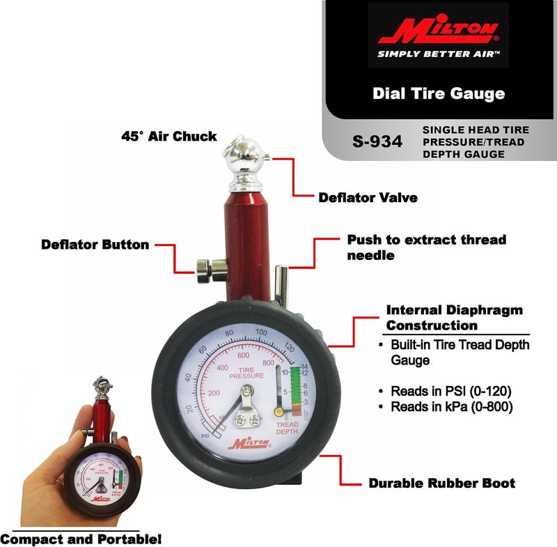 Milton S-934 Dial Tire Pressure Gauge with Tread Depth - Image 2