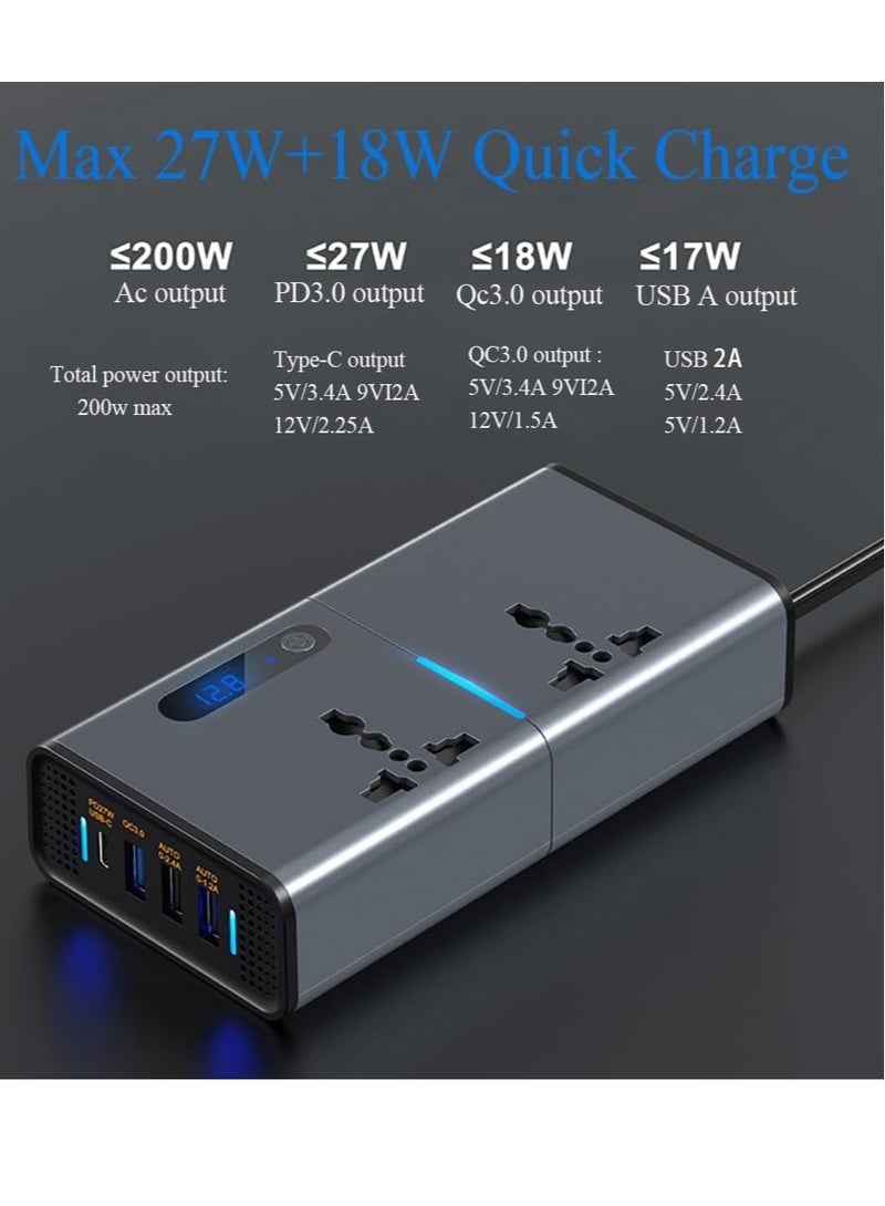 New 200W Car Power Inverter: 12/24V to 220V AC with USB & Type-C Charging Ports - Image 2