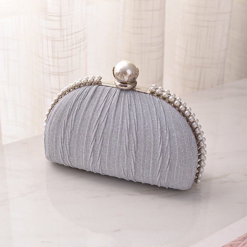 Elegant Pearl-Embellished Pleated Evening Clutch with Clasp Closure - Image 1