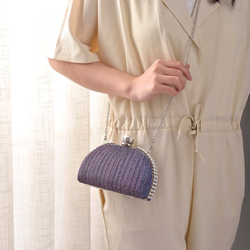 Elegant Pearl-Embellished Pleated Evening Clutch with Clasp Closure - Image 3