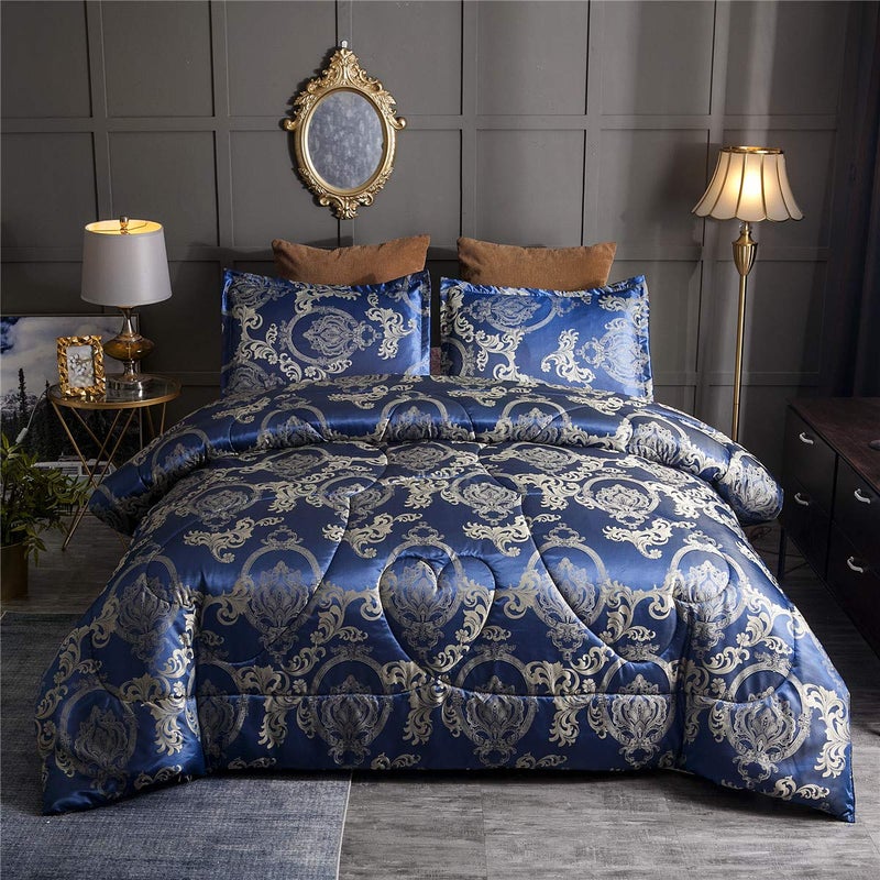 RaytrueX Comforter Set Satin Silk Blanket All Season Bed Luxury Royal Blue Jacquard Quilt Bedding Sets Matching 2 Pillow Shams FullQueen 88x88 inches 3 Pieces