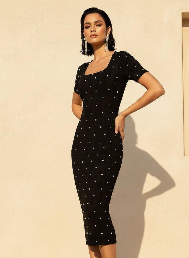 2Xtremz Stone Embellished Midi Knit Dress with Square Neck - Image 1