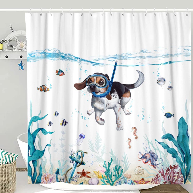 Lifeella Funny Dog Shower Curtain Teal Blue Sea Ocean Waterproof Fabric Shower Curtains For Bathroom With Animal Octopus Starfish Turtle Anchor Fish Nautical Bathroom Curtain (Dog) - Image 1