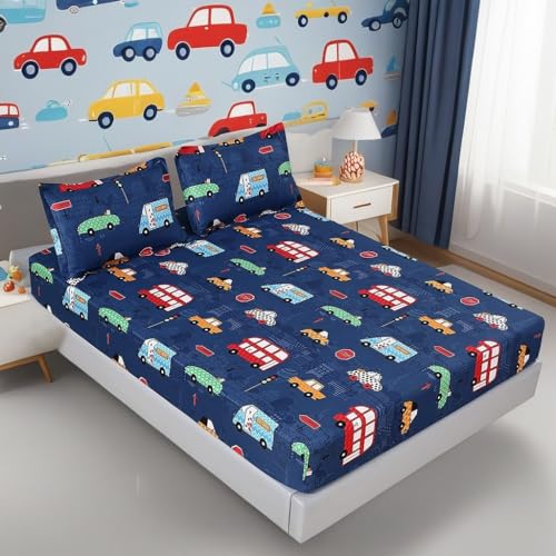 MAG 3Pcs Cartoon Car Queen Bed Sheet,Queen Size Fitted Sheet for Toddler Kids Boys and Girls,Blue Color,1 Fitted Sheet 14'' Deep Pocket and 2 Pillowcase (Queen, Blue). - Image 1
