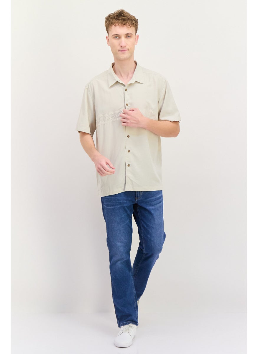 QUIKSILVER - Men Comfort Fit Embroidered Short Sleeve Casual Shirt, Beige - Image 1