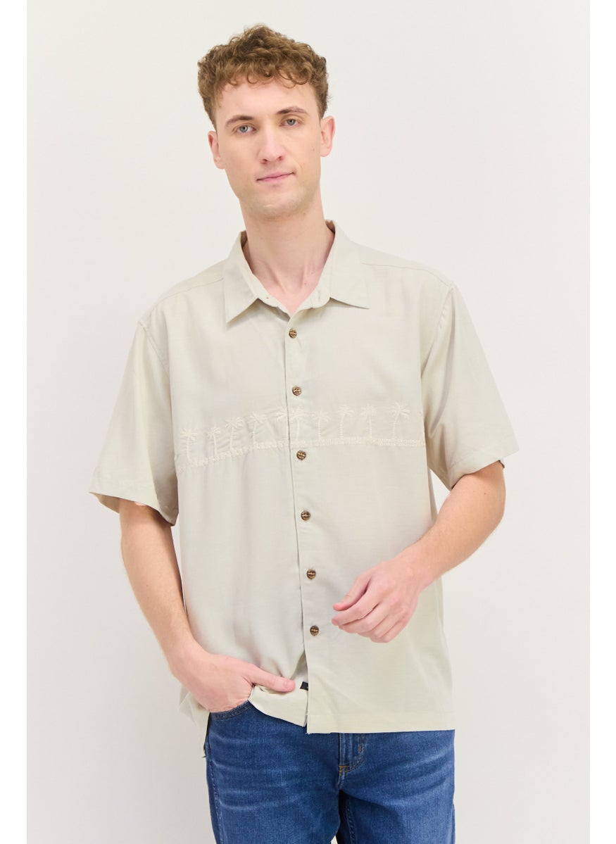 QUIKSILVER - Men Comfort Fit Embroidered Short Sleeve Casual Shirt, Beige - Image 1