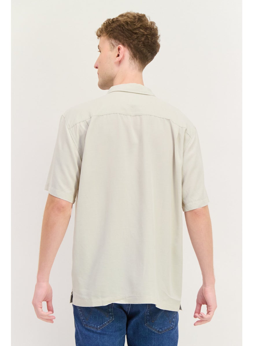 QUIKSILVER - Men Comfort Fit Embroidered Short Sleeve Casual Shirt, Beige - Image 1