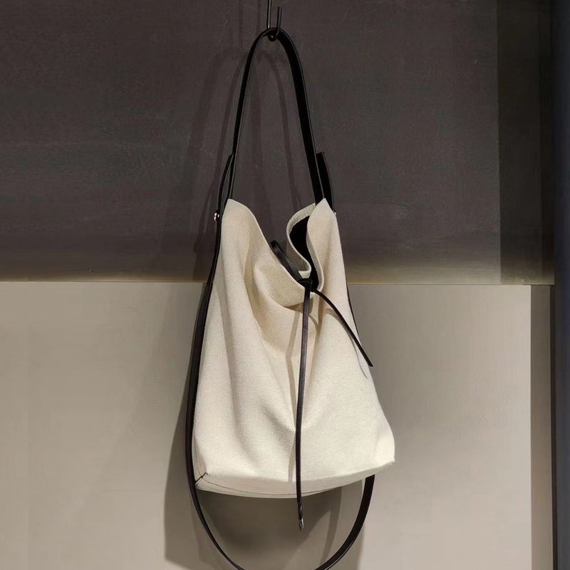 Denim With Cowhide Bucket Bag Large Capacity Tote Bag Shoulder Underarm Bag Commuter Niche All-Match New Women'S Bag - Image 1