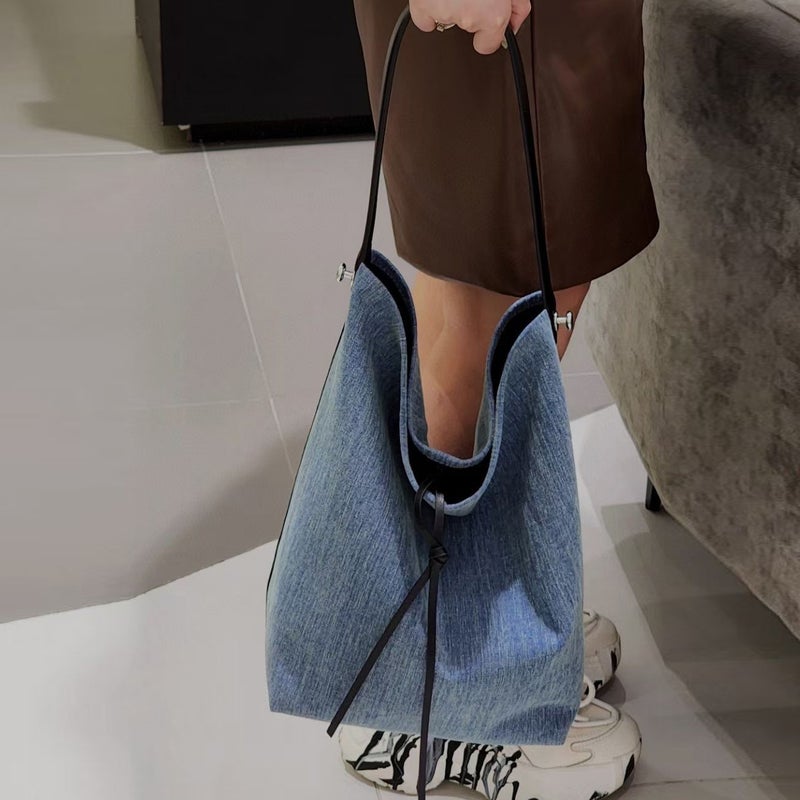 Denim With Cowhide Bucket Bag Large Capacity Tote Bag Shoulder Underarm Bag Commuter Niche All-Match New Women'S Bag - Image 4